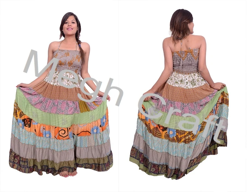 2020 Vintage silk Miami beach wear Dress - European style Silk Sari ibiza dress- Wholesale silk maxi dress