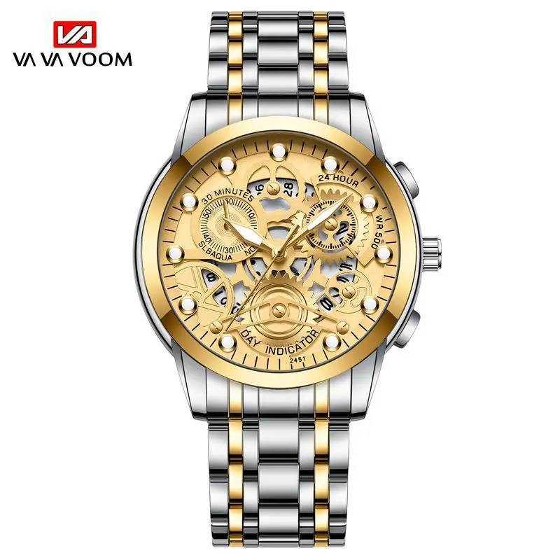 Va Va Voom Wholesale Customization Hollow Quartz Movement Illuminated 24 Hour Decorative Pointer Quartz Watches for Men Cool