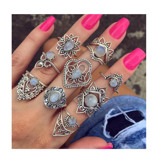 
2021 Hot Selling Jewelry 12/10 Piece Set Ring Water Drop Diamond Pearl Geometric Ladies Gold Mini Finger Rings 