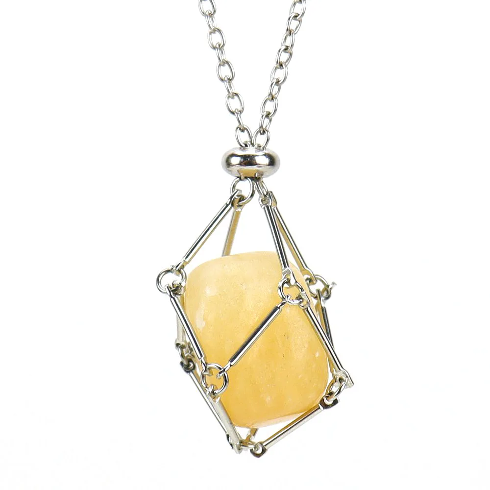 Statement Stainless Steel Silver Wire Wrap Bamboo Mesh Net Macrame Healing Natural Gem Stone Crystal Necklace for Men Women