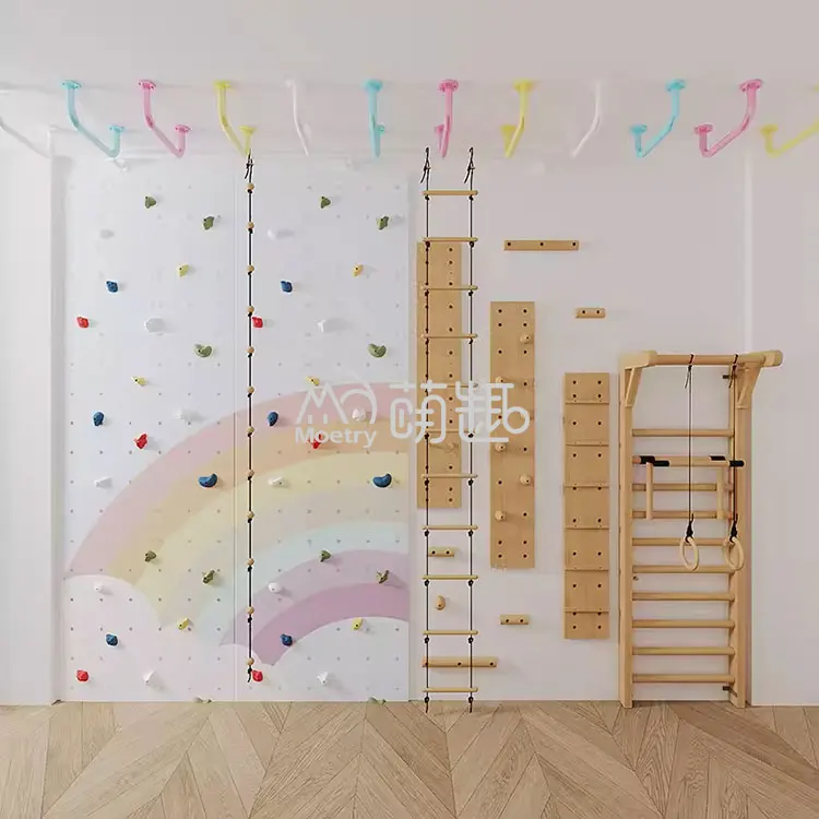 Moetry Attractive Design Kids Indoor Home Gym Climbing Walls with Wooden Stall Bars for Daycare Preschool Kinder Garden