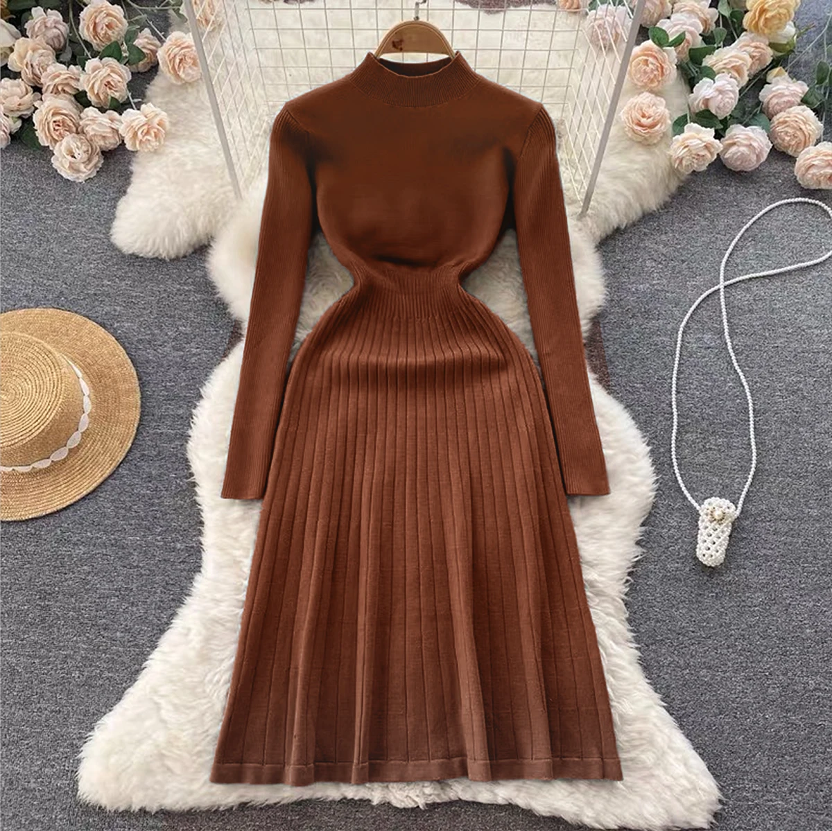 Fall 2023 New Brown Knitting Sweater Dress A-line Sweater Dress for Women Casual