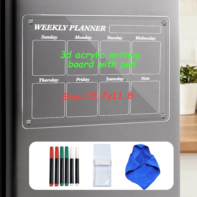 Factory direct advertising wall panel family essential weekly acrylic dry erase writing board with pen strap accessories