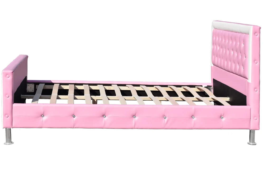 Factory Wholesale OEM Customized  pink Single Size  PU Faux Synthetic Leather Upholstered Soft Platform Girls Princess Bed