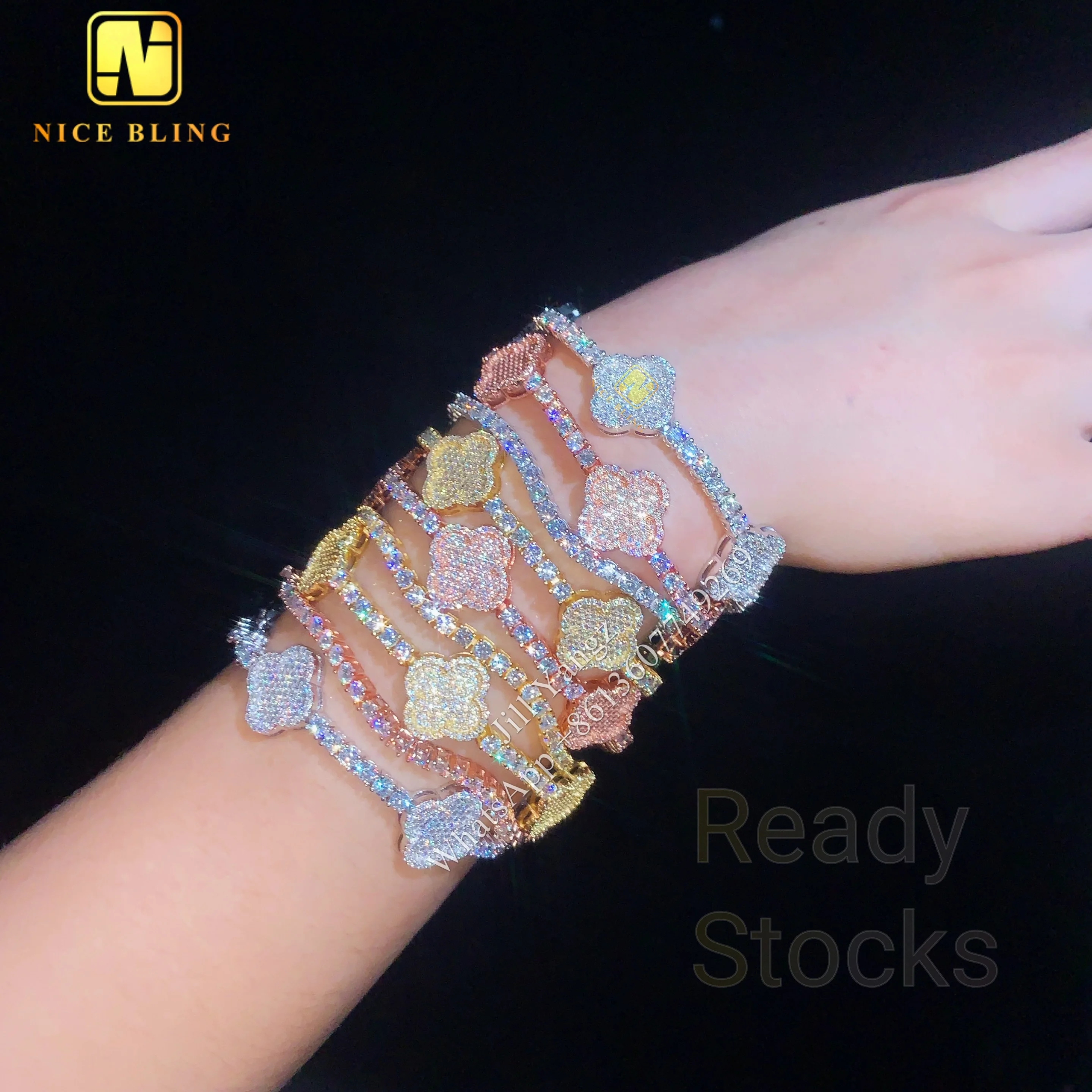 Insta Hitting Clover Jewelry Ready Stock HOT Selling 3mm Moissanite Chain Tennis Chain Bracelet 18k Gold Plated Necklace