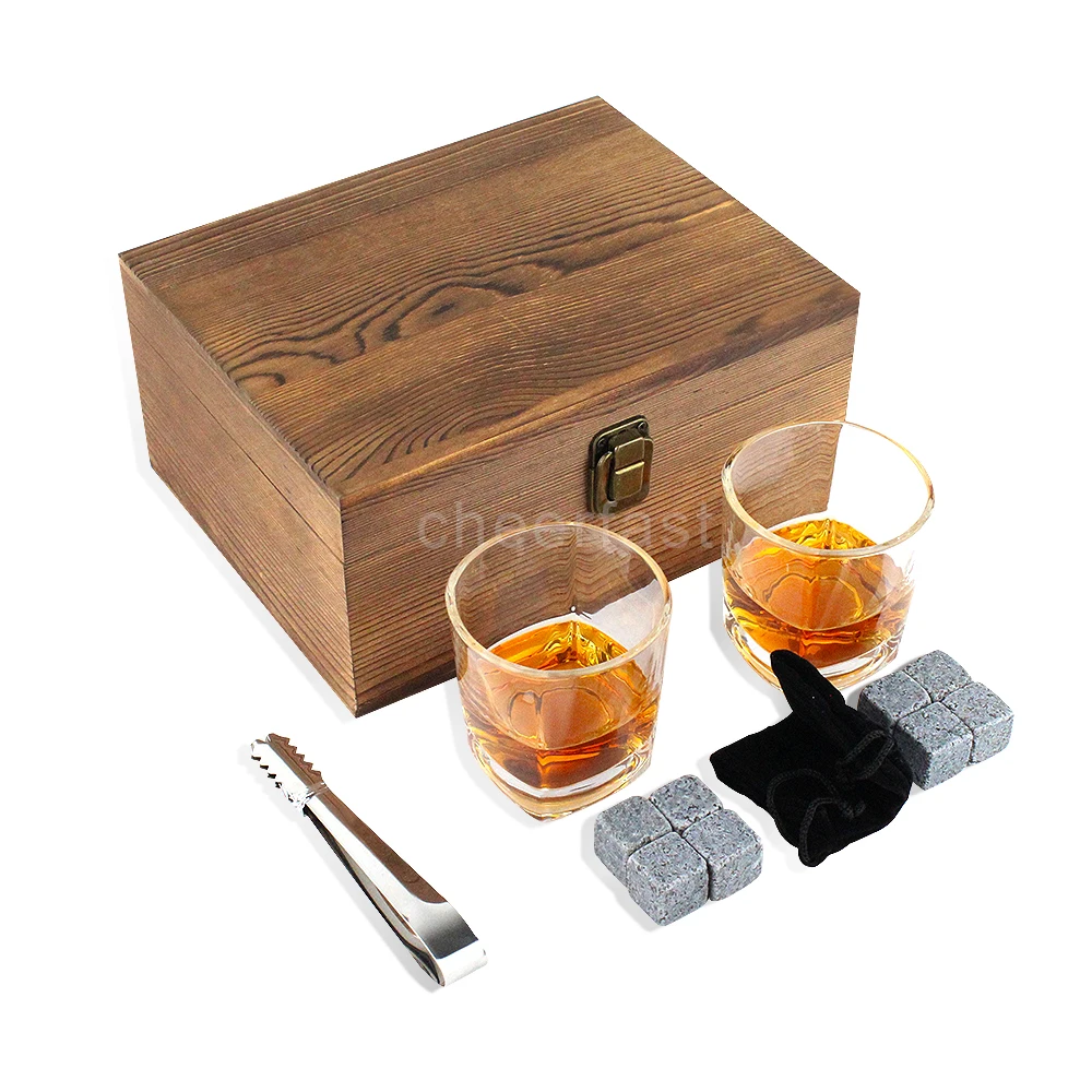 Top Sales Whiskey Stones  Gift Set And  Granite Whiskey Cooling Ice Cube With Wood Gift Box Set And Whiskey Glass Set