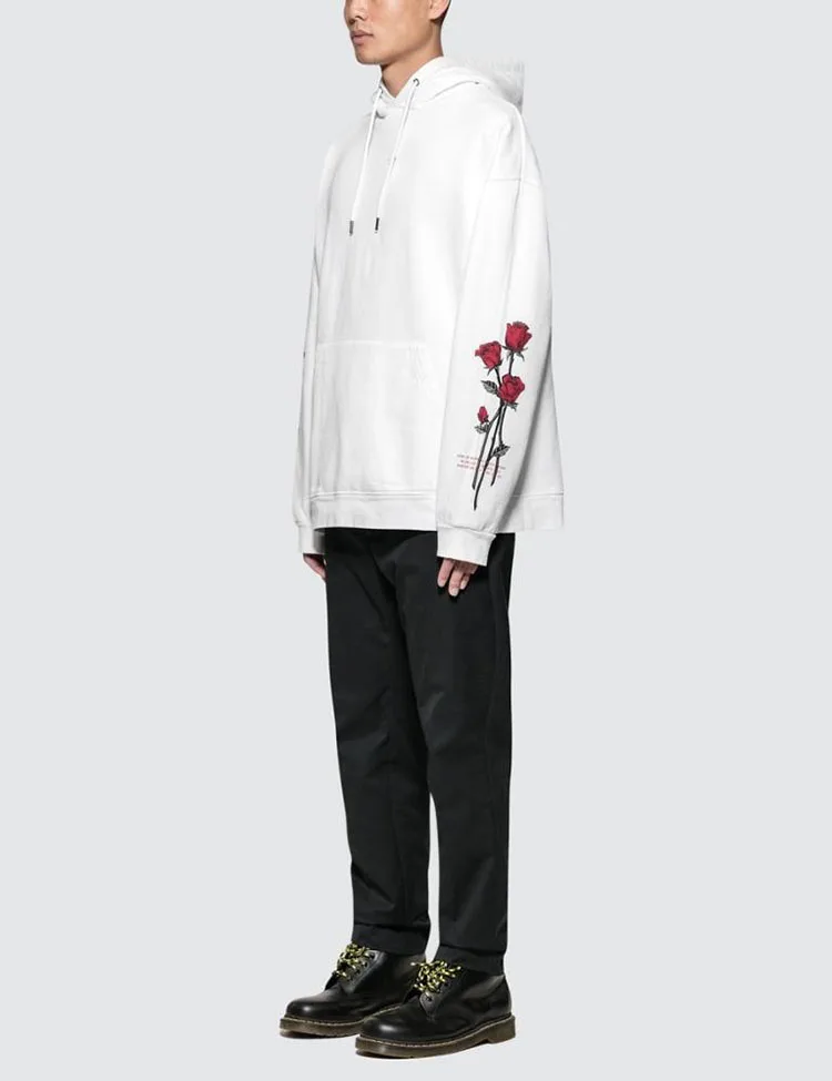 Custom Fashion Casual Mens Heavy Hoodie High Quality 100% Cotton Rose Flower Embroidery Plain White Hoodies