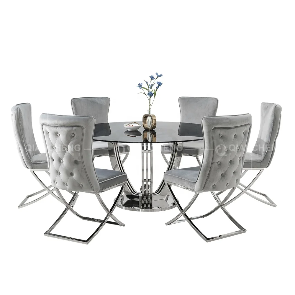 Dining tables tempered glass coffee table luxury stainless steel dining table pedestal modern round juego de mesa de comedor