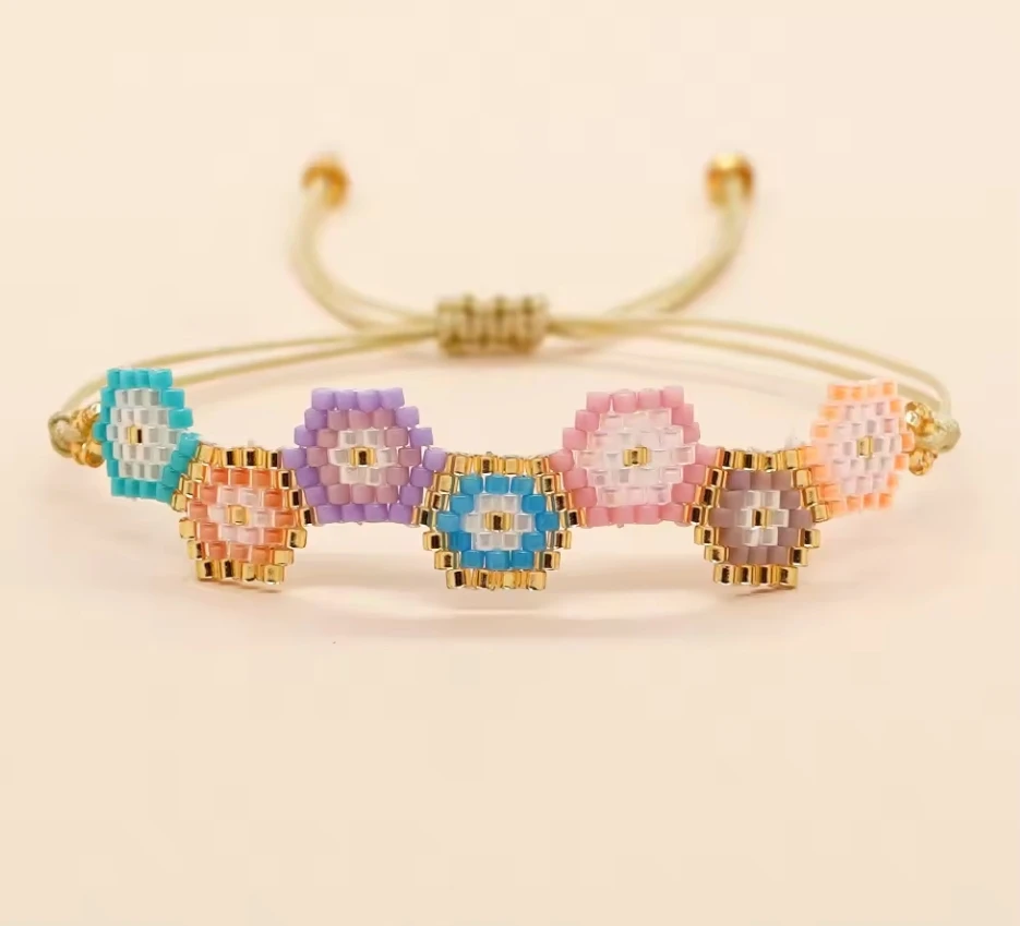 Trendy Miyuki Bead Bracelet For Women Boho Candy Color Glass Beads Lucky Evil Eye Hexagon Adjustable Jewelry
