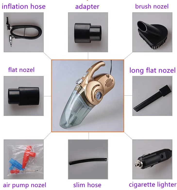 4-in-1 Tire Pressure Gauge Inflatable Pump Multifunction Car Vacuum Cleanr Air Pump Car Dry and Wet 12V Dust Collector
