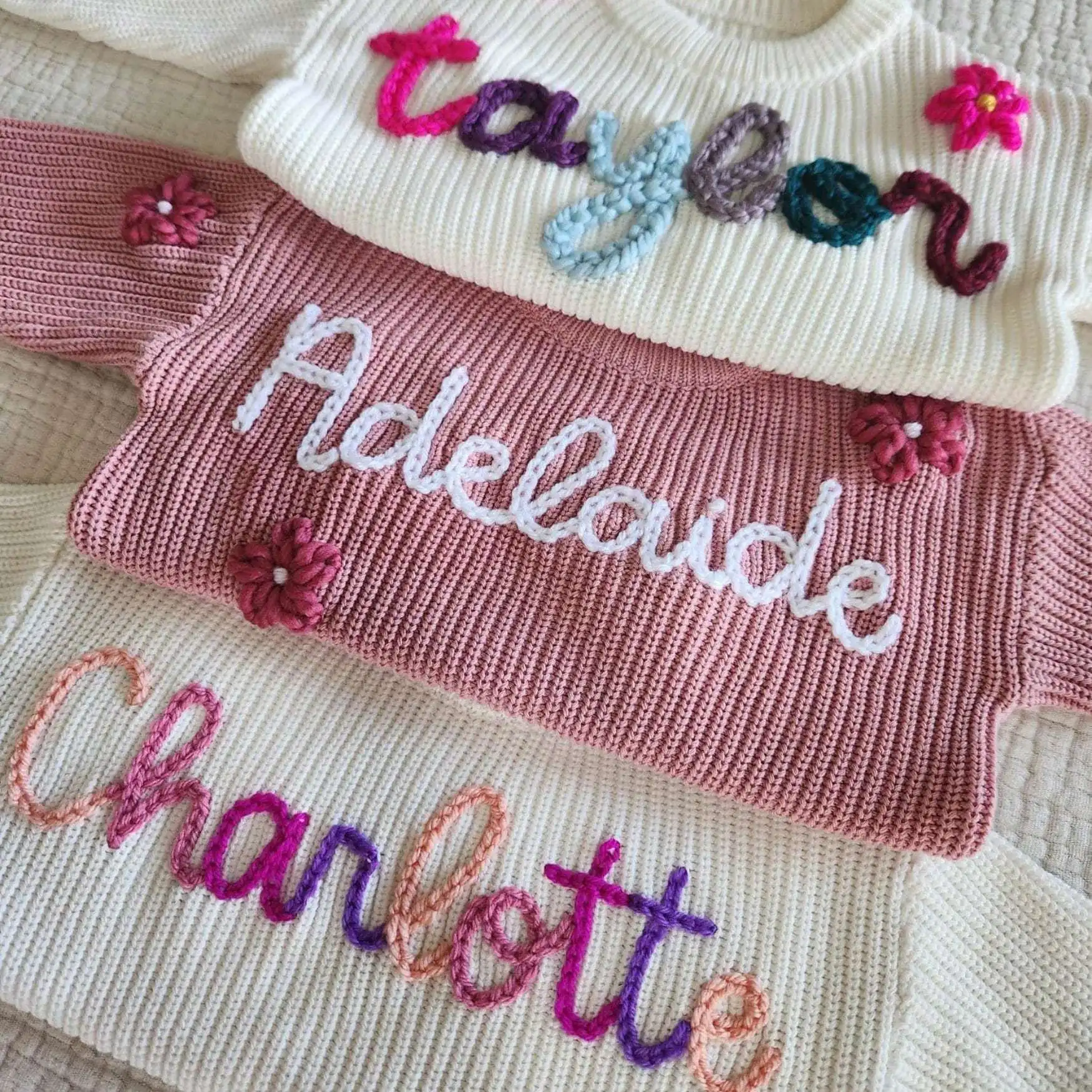 Baby Knit Sweater Multicolor Personalized Name Wholesale Children Hoodies Hand Embroidery Kid Winter Pullover
