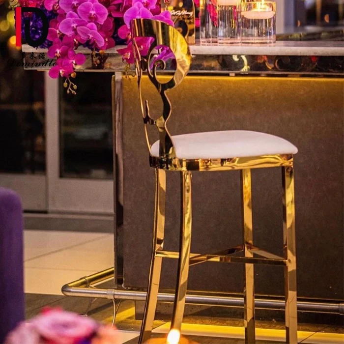 Antique hollow design gold stainless steel club use high bar chair leather