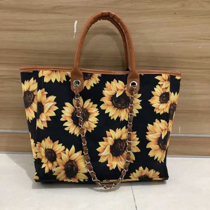 Women Sunflower Cow Print Bull Head Chain Leather Large Tweed Bag