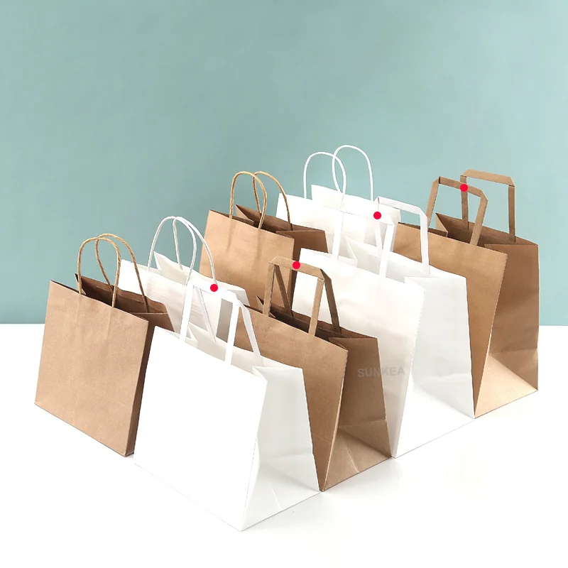 Wholesale eco friendly recyclable takeaway flat brown handle kraft grocery customized paper bag with handle