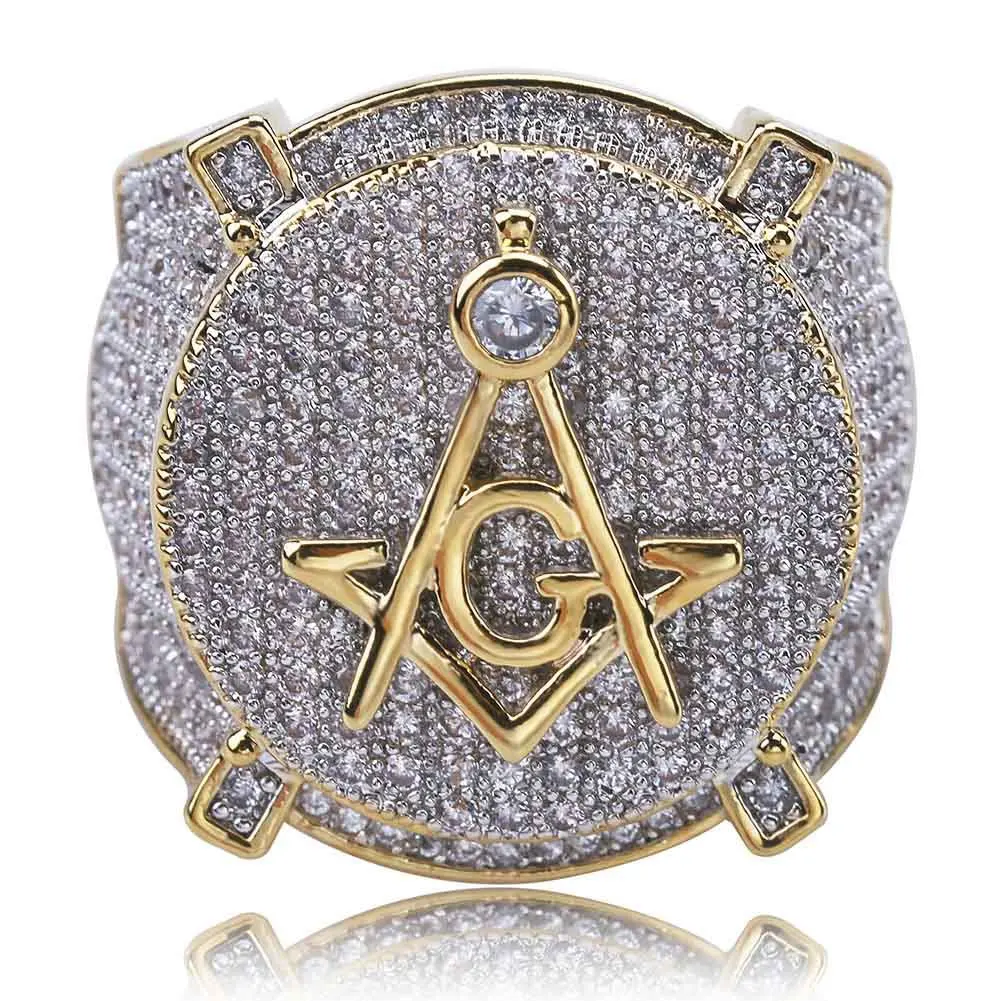 RQ Hip Hop Gold Color Plated Brass Iced Out Micro Pave Cubic Zircon Masonic Ring Charm For Men Gifts With 7 8 9 10 11