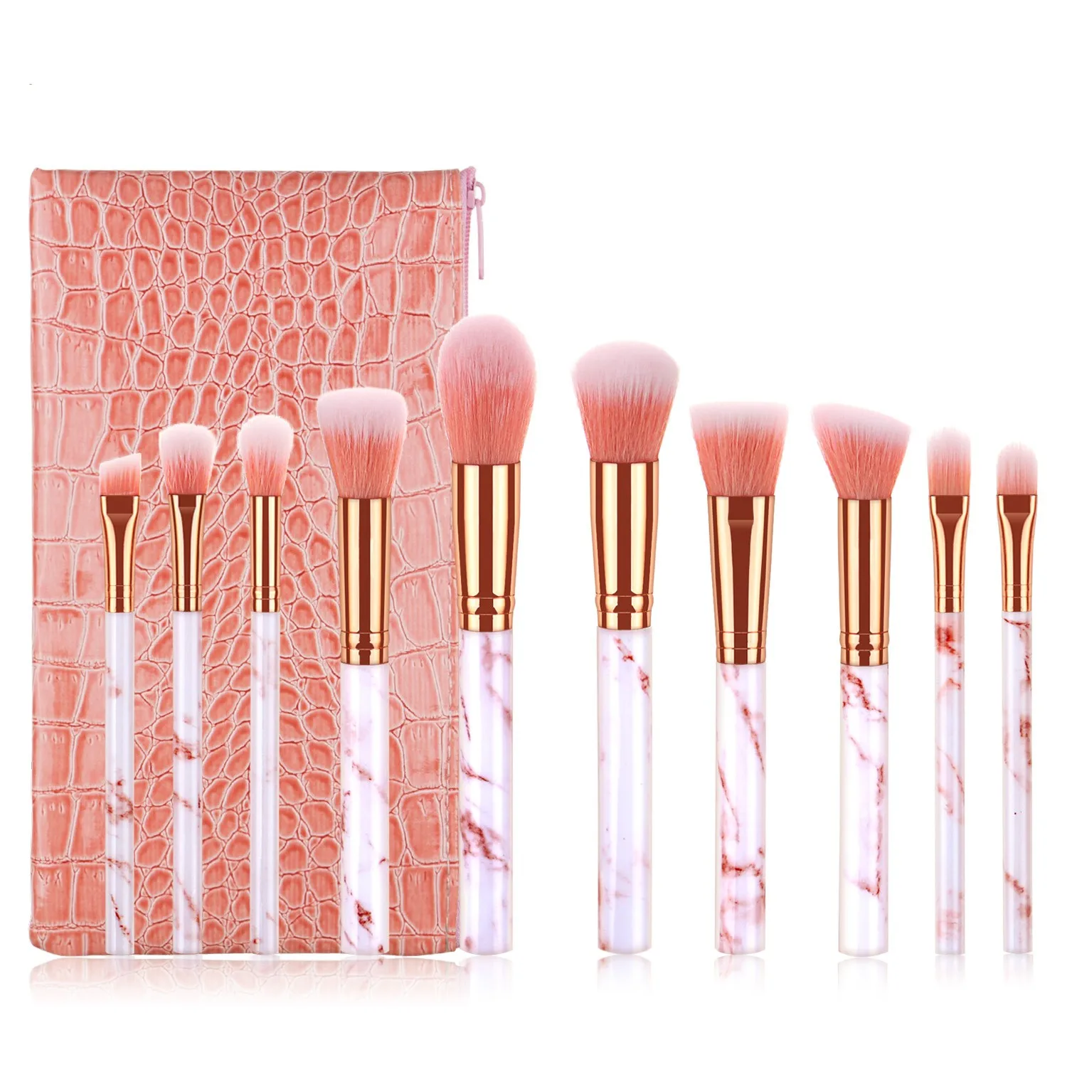 10PCS professional loose powder cheap price free shipping wholesale pink white custom marble makeup brushes set with case holder