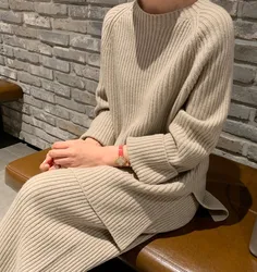 factory custom winter playful solid color knitted pullover womens sweater with wide leg pants two piece set