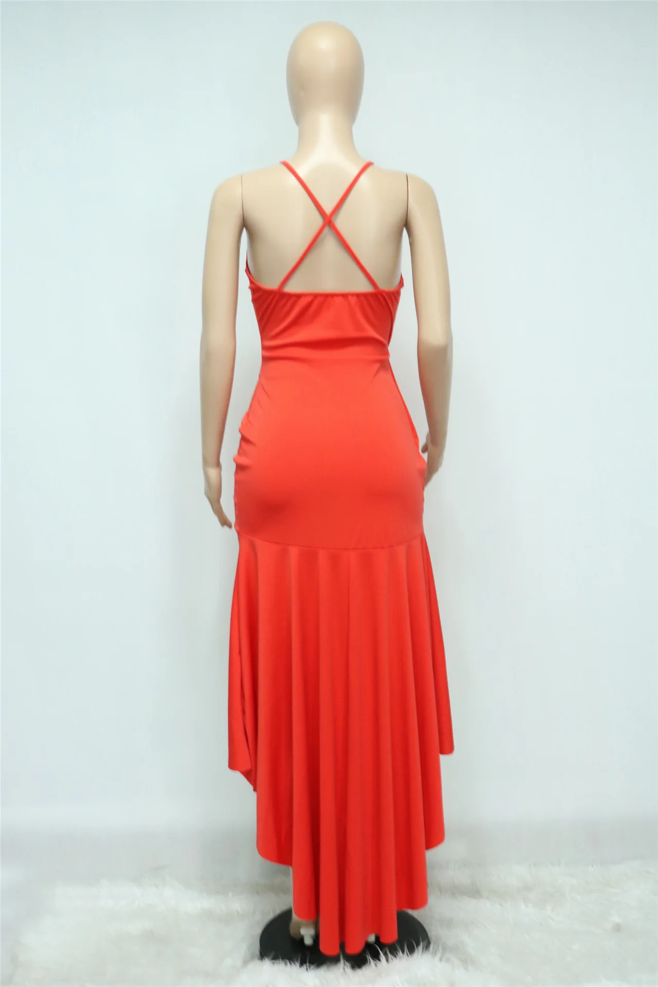 2022 Trending Solid Colors Slit Ruffle Dress Sexy Slip V Neck Bandage Backless Long Dress Women Peplum dress