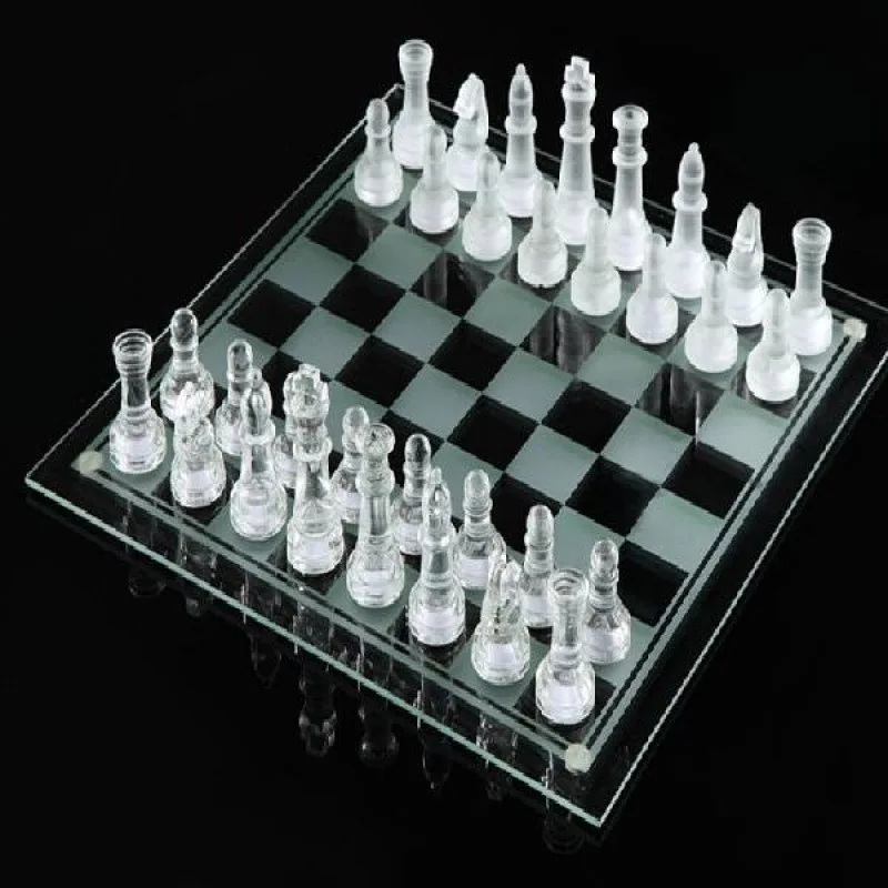 7.5/10/14 Inches Glass Chess Set 32 Frosted and Clear Pieces, Perfect Present