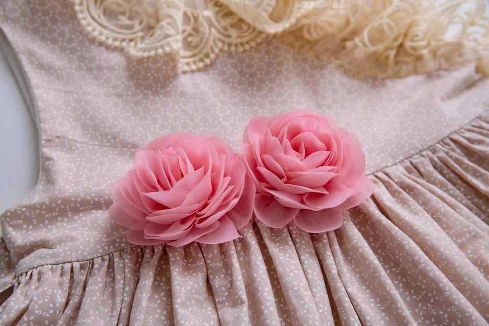 OEM Pettigirl Beige Girl Dress With Pink Flower Lovely Girls Dress For Wedding Summer Child Clothing