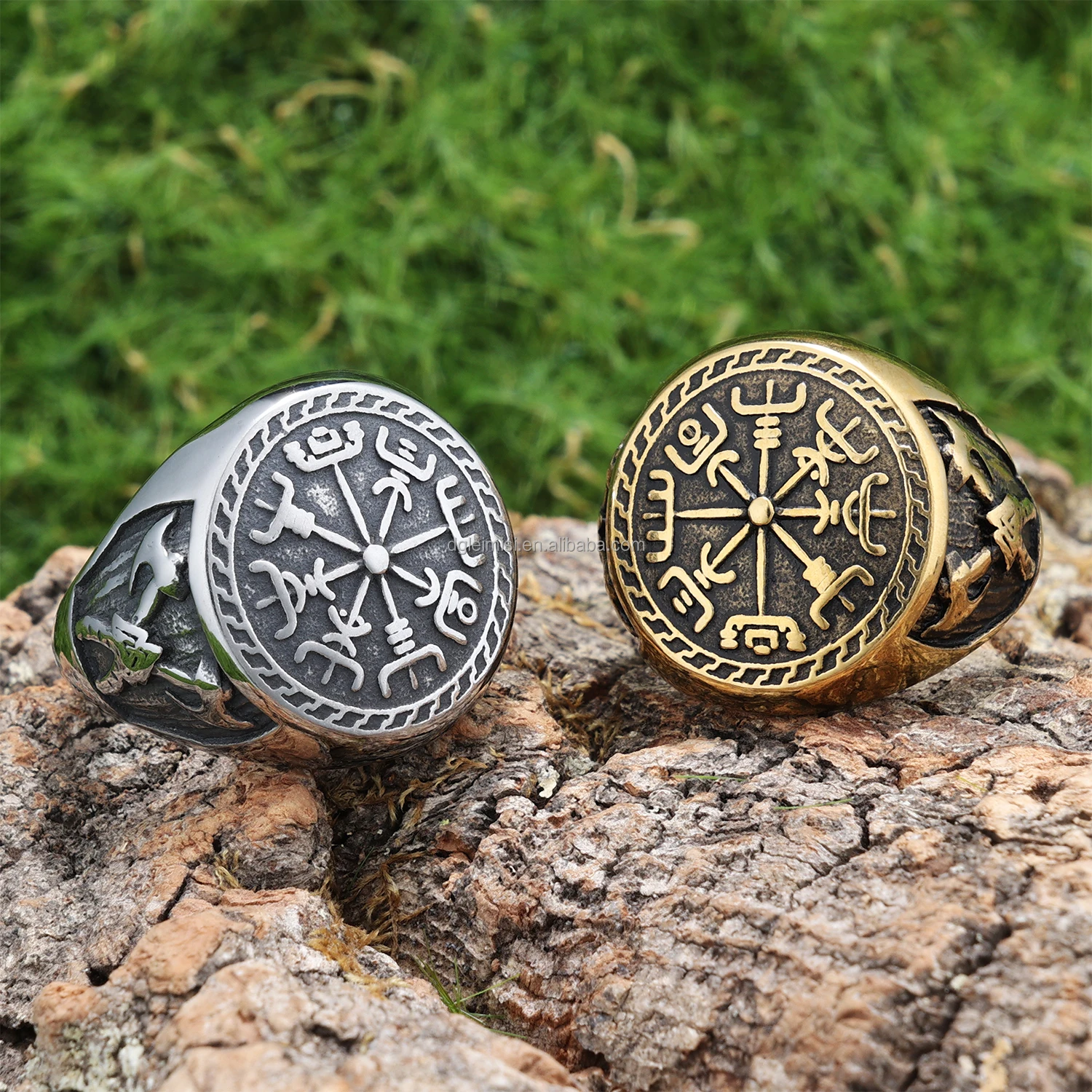 Over Size Viking Vegvisir Pirate Compass Rings Stainless Steel 18K Gold Plated Norse Symbol Vintage Jewelry Ring