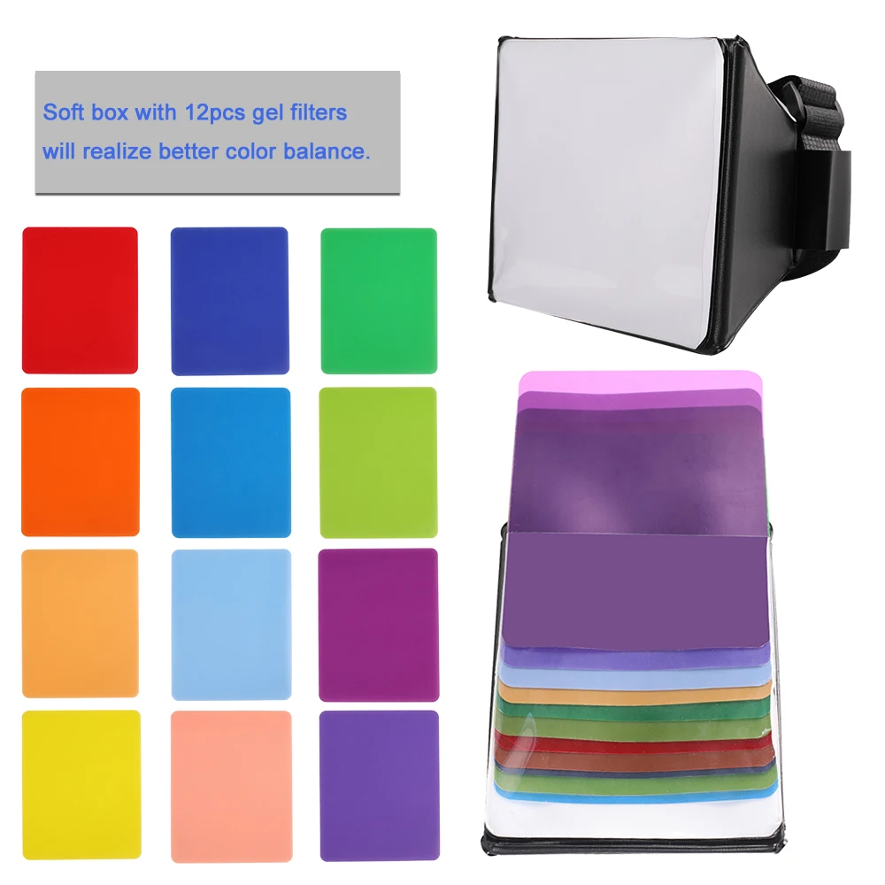 
12colors Flash Diffuser Mini Soft box Kit Foldable Soft Box lightbox photo studio + 12pcs Gel Filter Color Balance for Canon 
