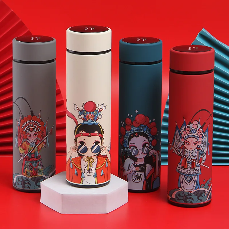 New Fashion Chinese Traditional Peking Opera Pattern Hot Water Smart Vacuum Flask Temperature Visible 304 Vacuum Bottle