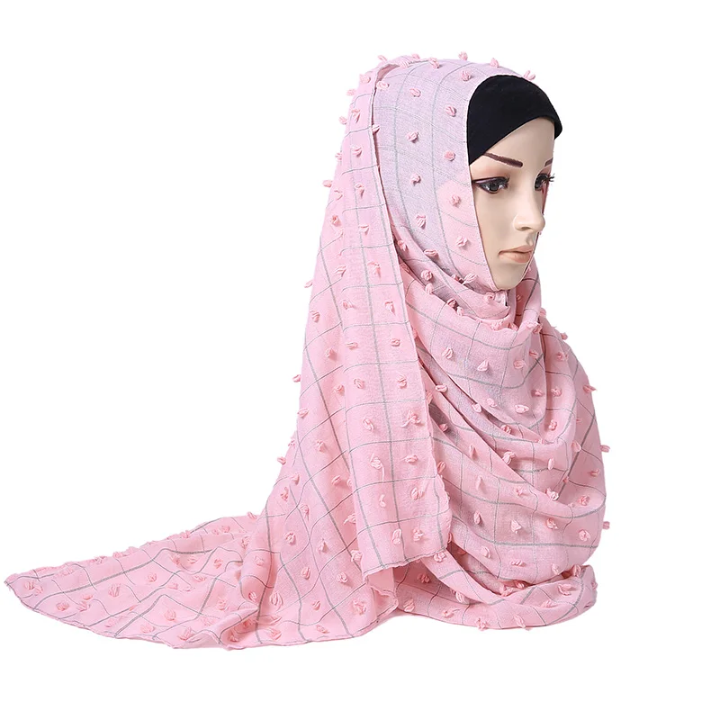 Dubai Grid Cotton Scarf Hijab New Shade Collection Fuzzy Ball Cotton Hijab Shawl