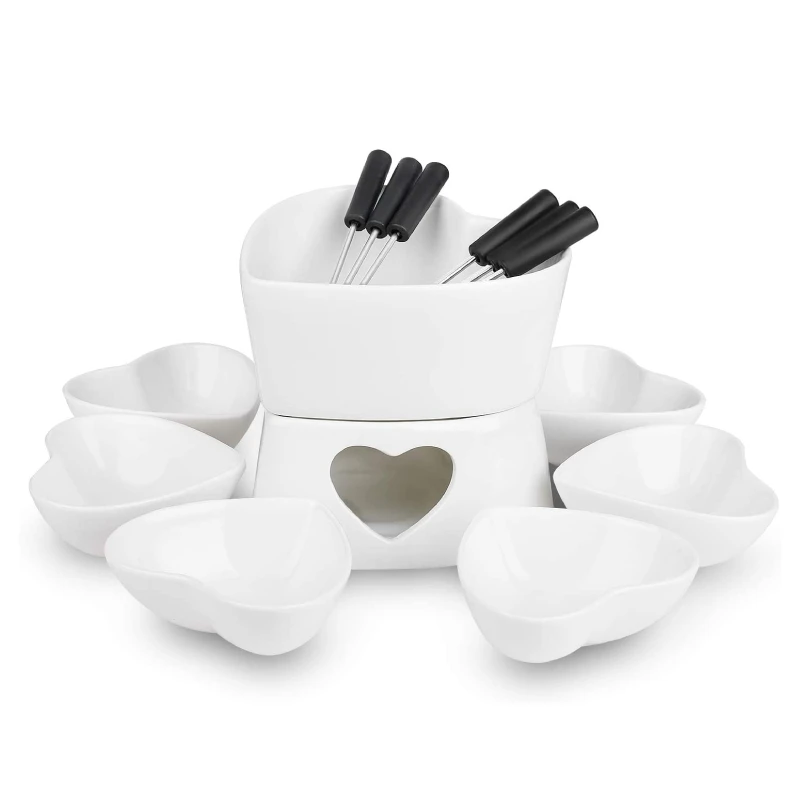 Heart Shape Glaze White Kitchen Chocolate Fondue Cheese Fondue Set