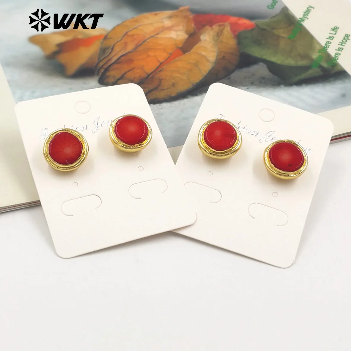 WT-MPE138 2024 Latest Models Cute Stylish 18K Gold Plated Natural Brass Red Coral Round Earrings For Women As Birthday Gifts