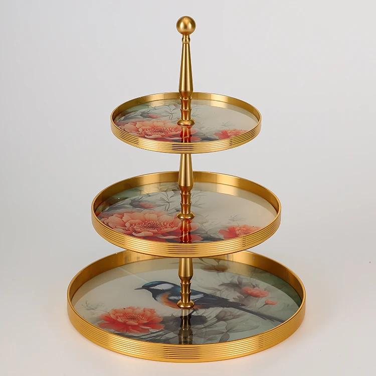 Wholesale luxury pattern decorative wedding events birthday decor gold dessert stands cake display 3 tier glass cake stand