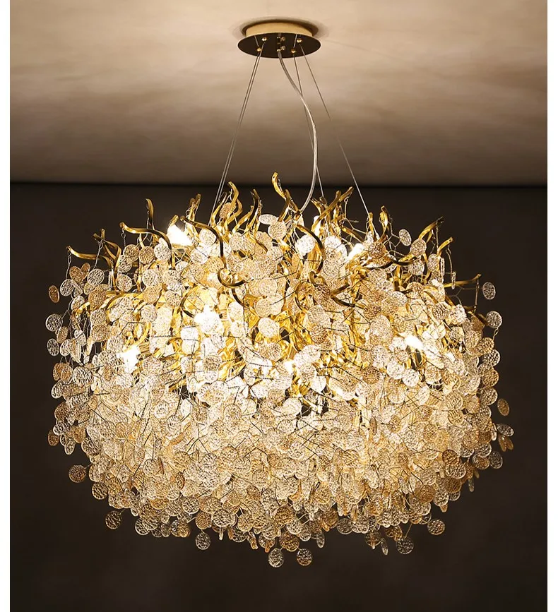 Modern Light Luxury Rain Drop Golden Aluminum Branch Creative Glass Led Chandelier