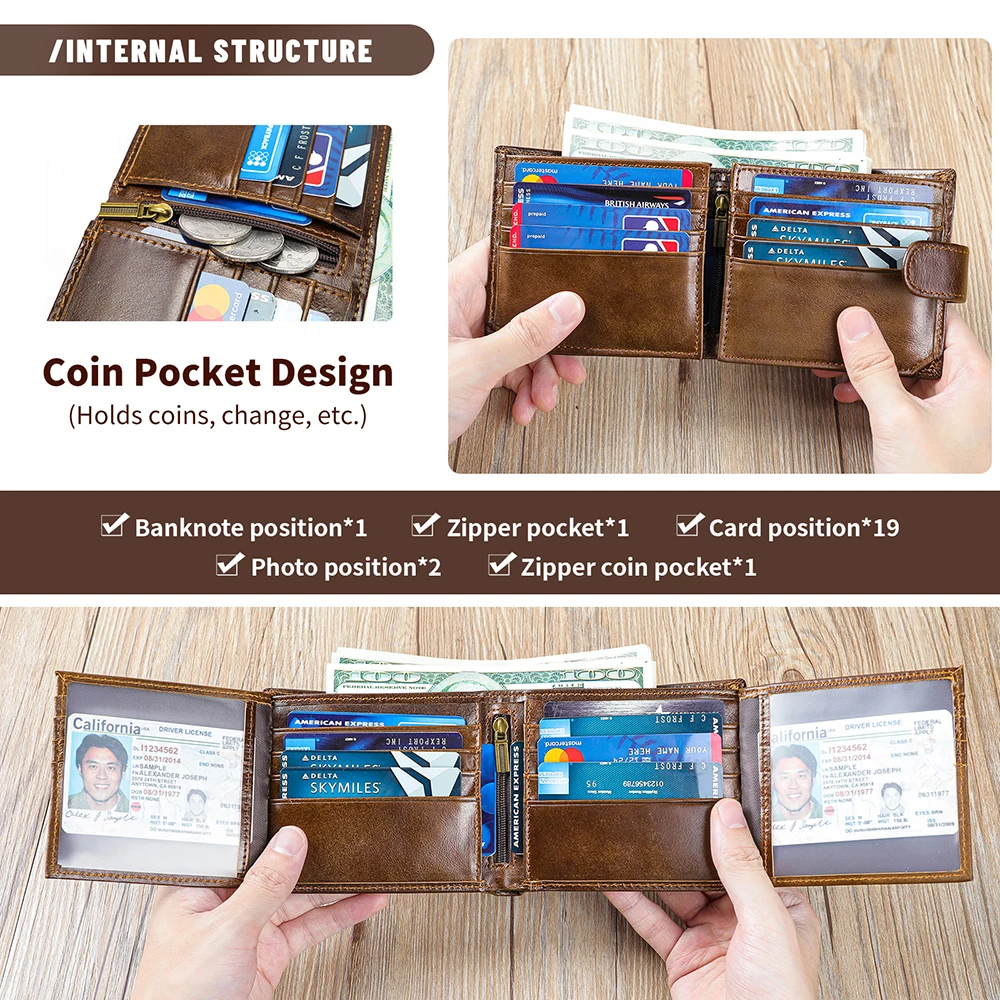 MARRANT Men RFID Anti-theft Wallet with 19 Cards Holder 2 ID Window Zipper Coin Pocket Purse Genuine Leather Wallet for Men