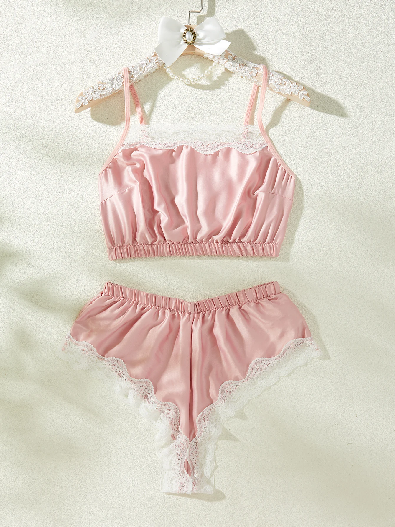 Sweet girl white lace bedroom sleep lingerie pink night pajamas set