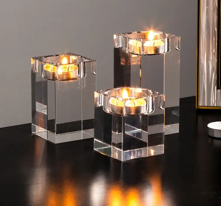 pujiang factory wholesale 5x8cm K9 clear crystal candlestick crystal cube candle holder for wedding decoration