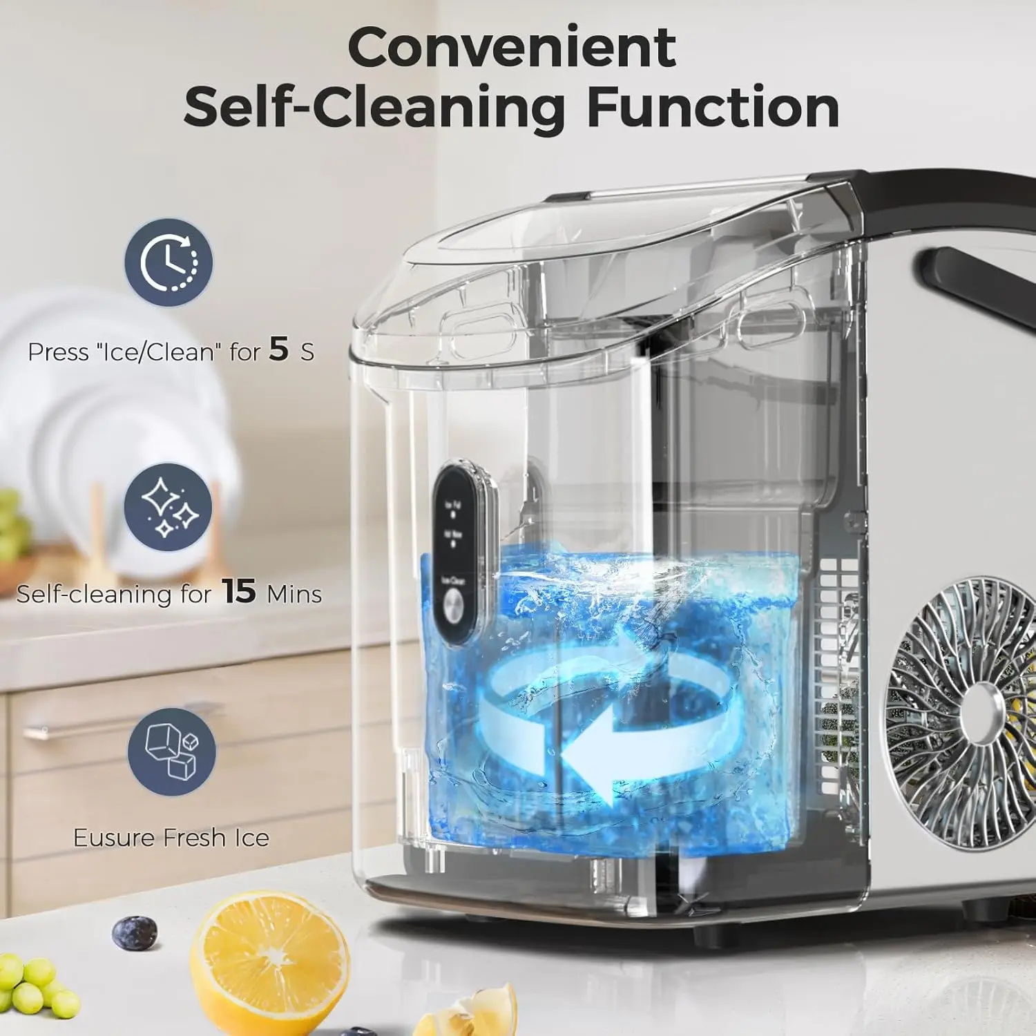 Portable Stainless Steel Silver Pebble Ice Maker Self-Cleaning Electric Soft Chewable Ice for RV Car Home Kitchen Use