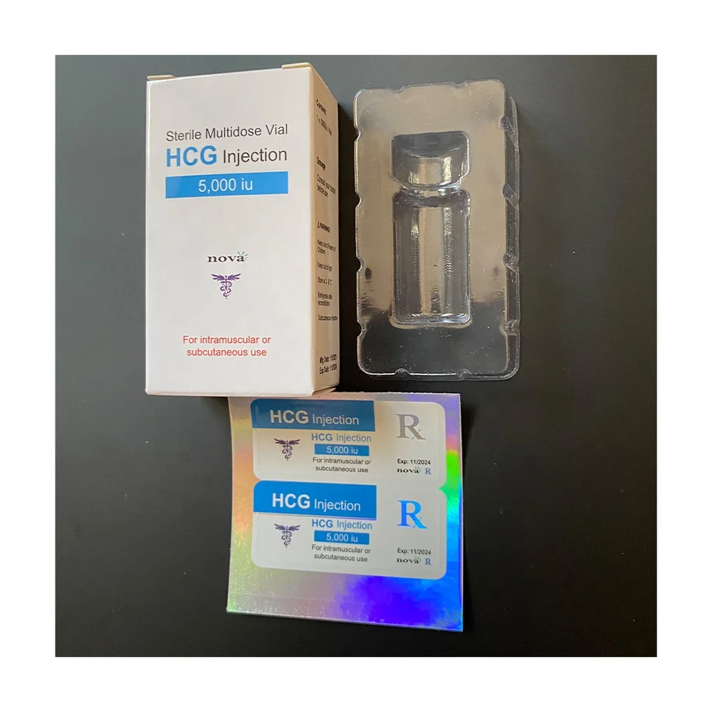 2022 Newest printed branded hcg injection peptide packaging paper box empty vial label with plastic tray for 1x5000iu hcg