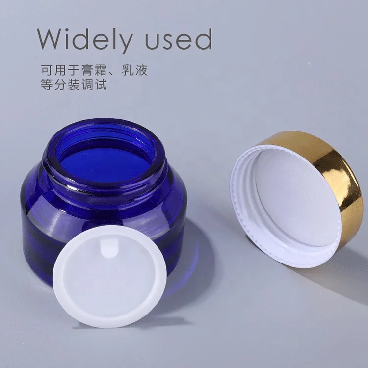 Inclined shoulder blue glass bottle 15 ml 30 ml 60 ml 100 ml 120 ml glass bottle and 15 g  30 g 50 g blue glass jar for cosmetic