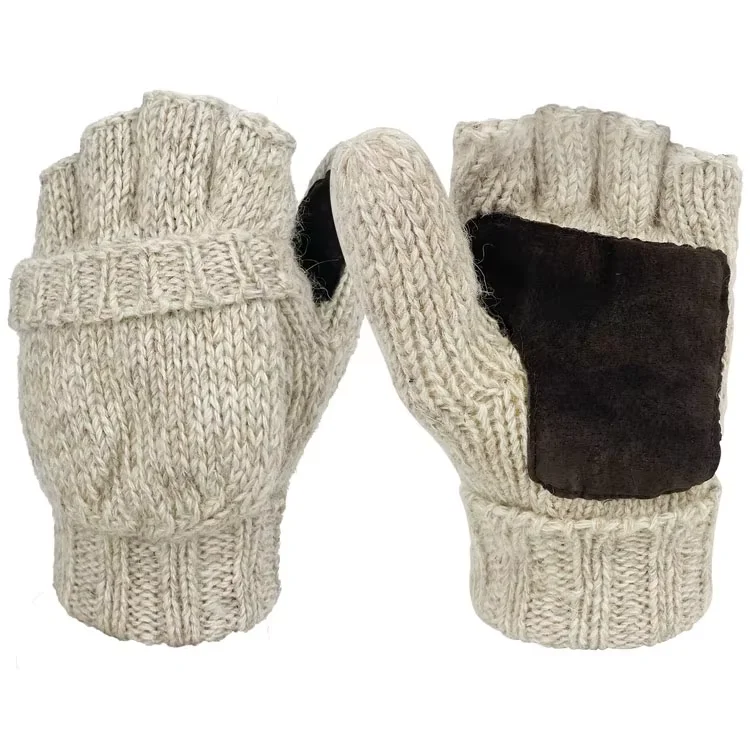 Professional Customized Winter Warm Wool Half- finger Gloves with Cover and Leather Pam