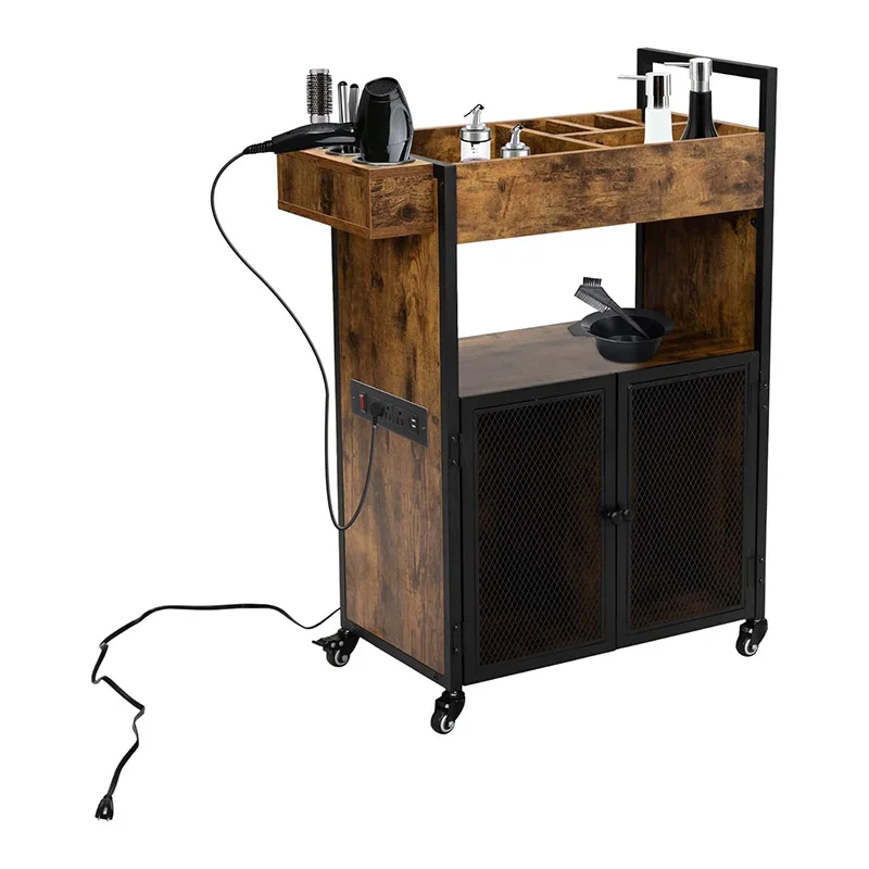 Manicure Salon Beauty Hair Wooden Rolling Cart with Charging Station Barber SPA Tattoo Styling Tool Storage Cabinet Trolley