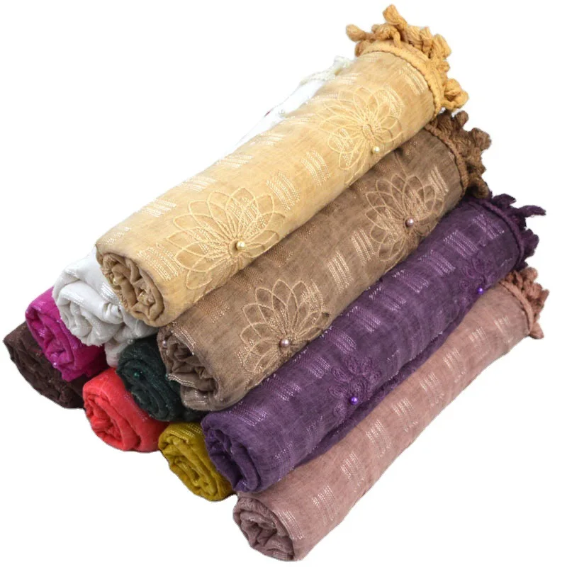 
New tie-dyed cotton and linen scarf Monochrome beaded embroidered fringed headband Sun protection travel vacation shawl 