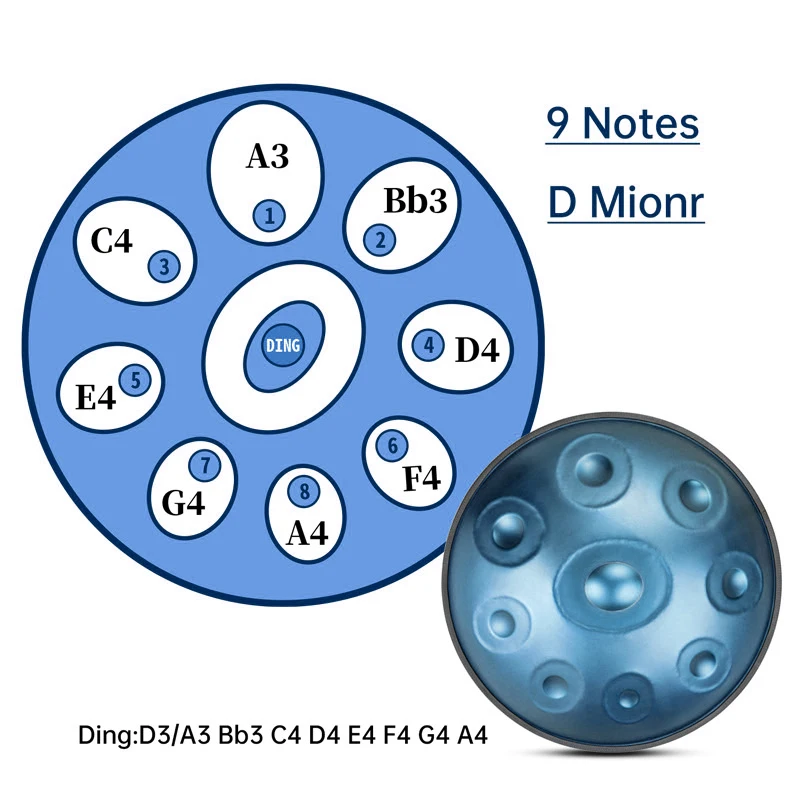 Steel Tongue Drum in 9 Notes 440Hz D Minor Scale handpan drum 22inches with gift set Musical Instrument hand pan