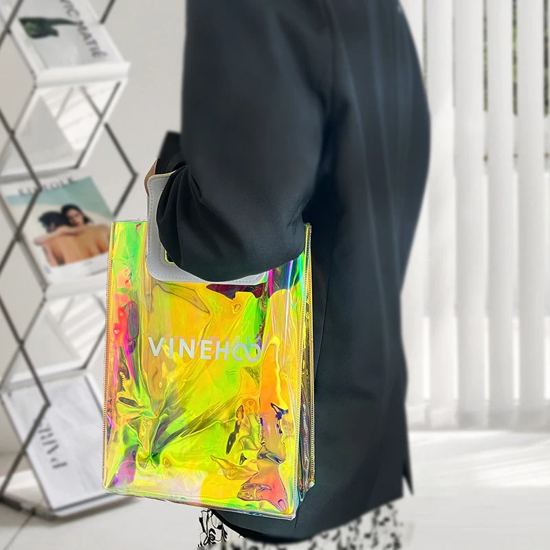 Custom Iridescent Gift Bags with Handles Clear Transparent Holographic PVC Tote Bag Shopping Bag