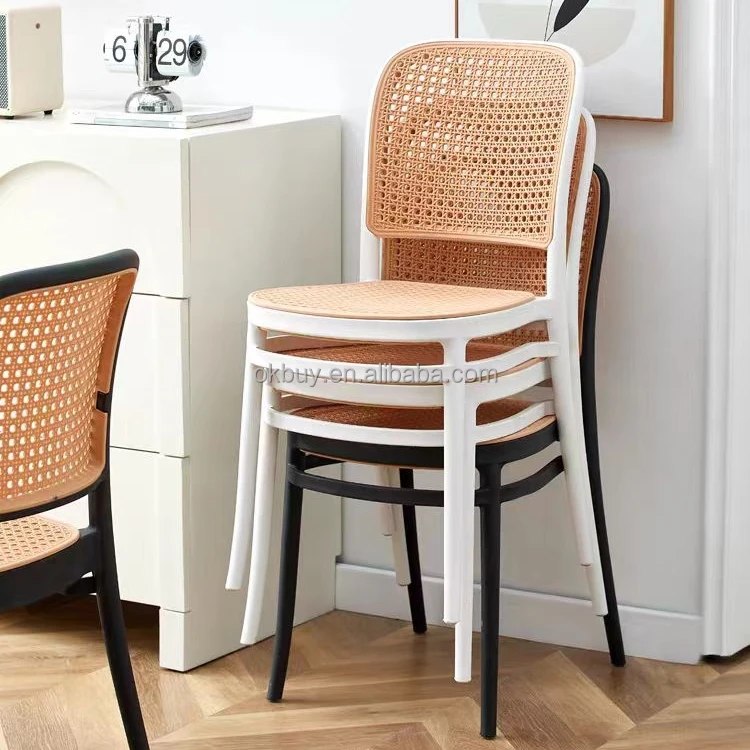 Household Nordic dining chairs stackable plastic thickened restaurant back outdoor Imitate rattan woven courtyard chairs