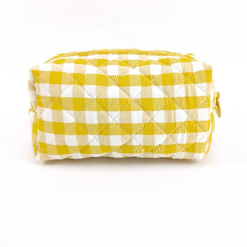 Eco-friendly travel make-up bag checked fabric rectangle cosmetic bag custom logo quilted makeup bag