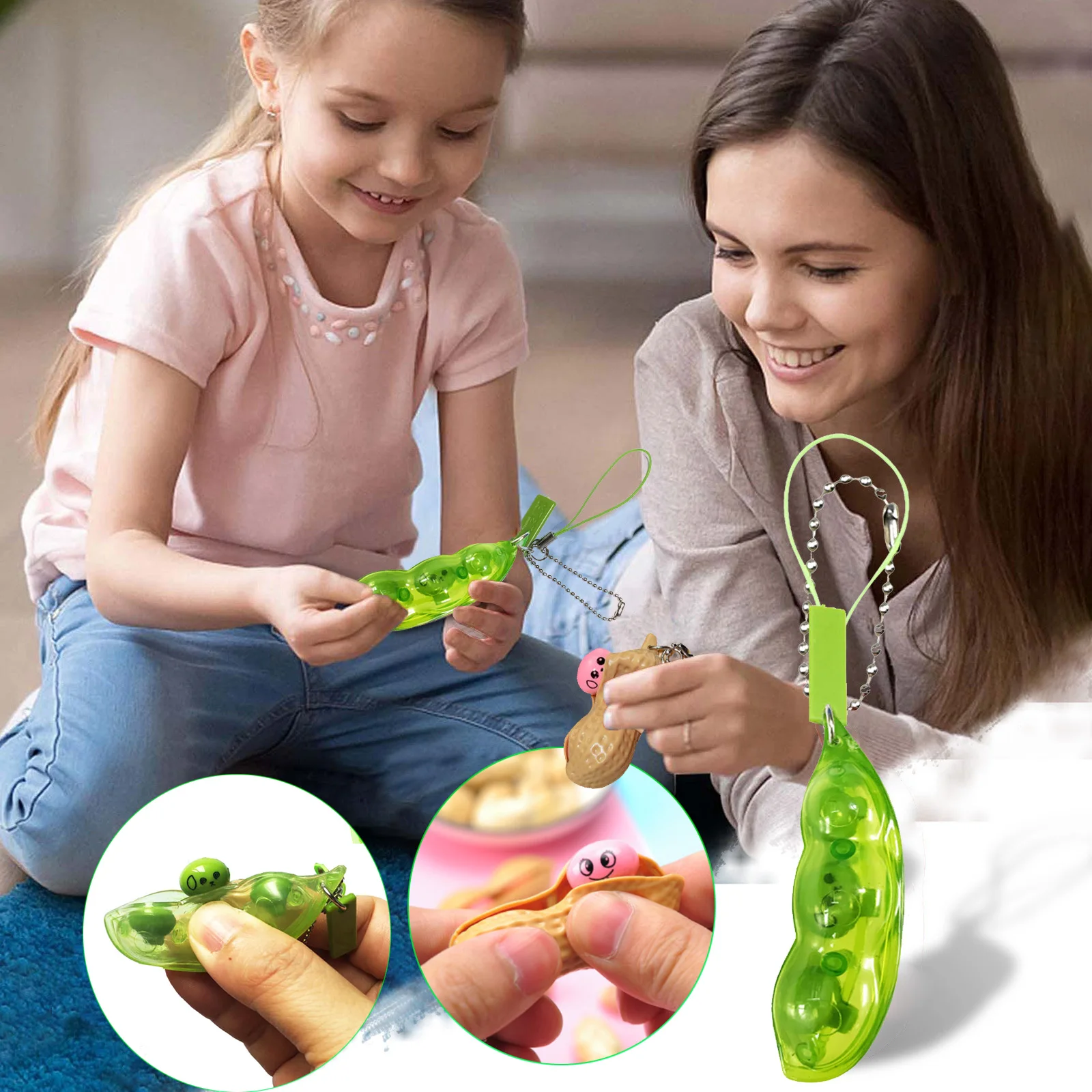Squeez Beans Peas Pea nuts Keychain Fidget Toys Squishy Anti Stress Reliever Relief Squeeze Edamame Soybean Toy