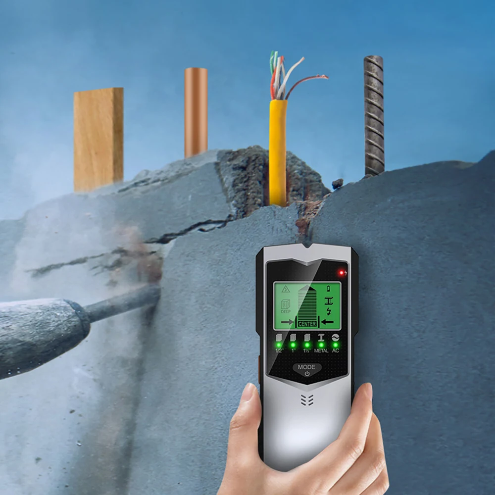 5 In 1 Metal Detector Find Metal Wood Studs AC Cable Wires Depth Tracker Wall Scanner Stud Finder Green Backlit LCD HD Display