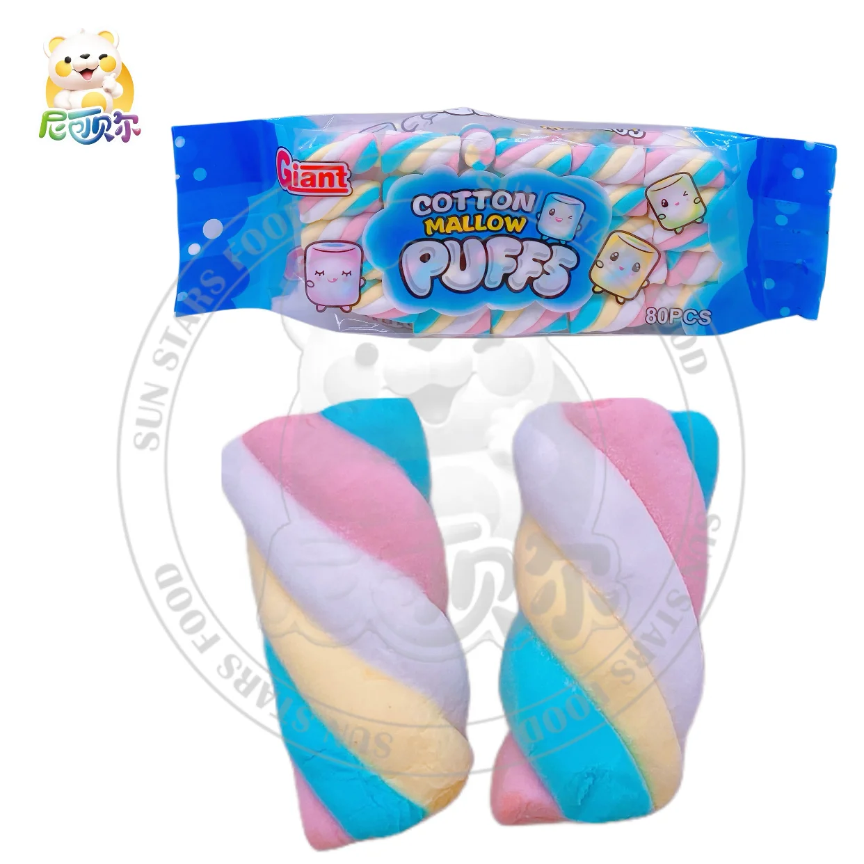 Wholesale Twisted Rainbow Marshmallow with Jam Rope Fruity Flavored Cartoon-Shaped Packaged in Bags