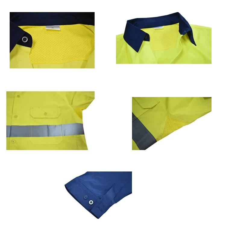 100% Cotton Long Sleeves Hi Vis t Shirt Safety Clothing Tape Reflective Yellow Shirt And Workwear Uniform For Unisex