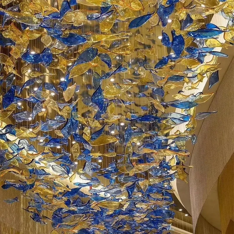 Luxury Ceiling Hanging Lamps Decorative Golden Twisted Glass Leaf Chandeliers for Restaurant Lobby Living Room Villa